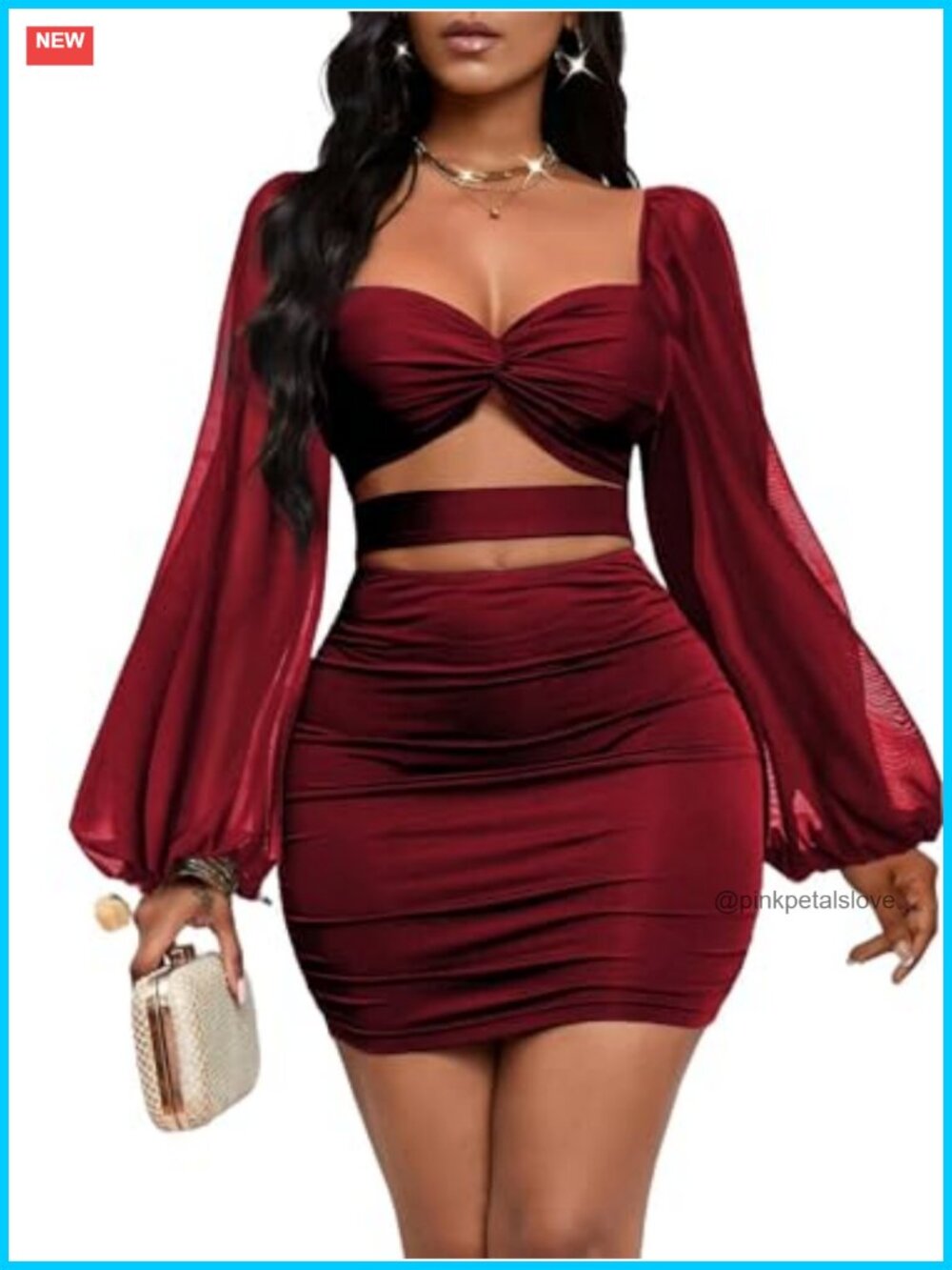 Women Sexy Mesh Bodycon Puff Sleeve Ruched Party Mini Dress